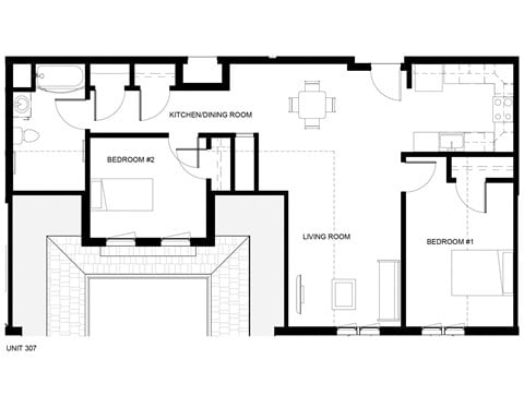 Floor plan for 2 beds, 1 bath, 805 sqft